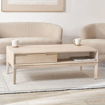 Whitewashed acacia wood coffee table with drawer and open shelf storage – modern Scandi wooden living room coffee table 41x120x60cm | Click Style