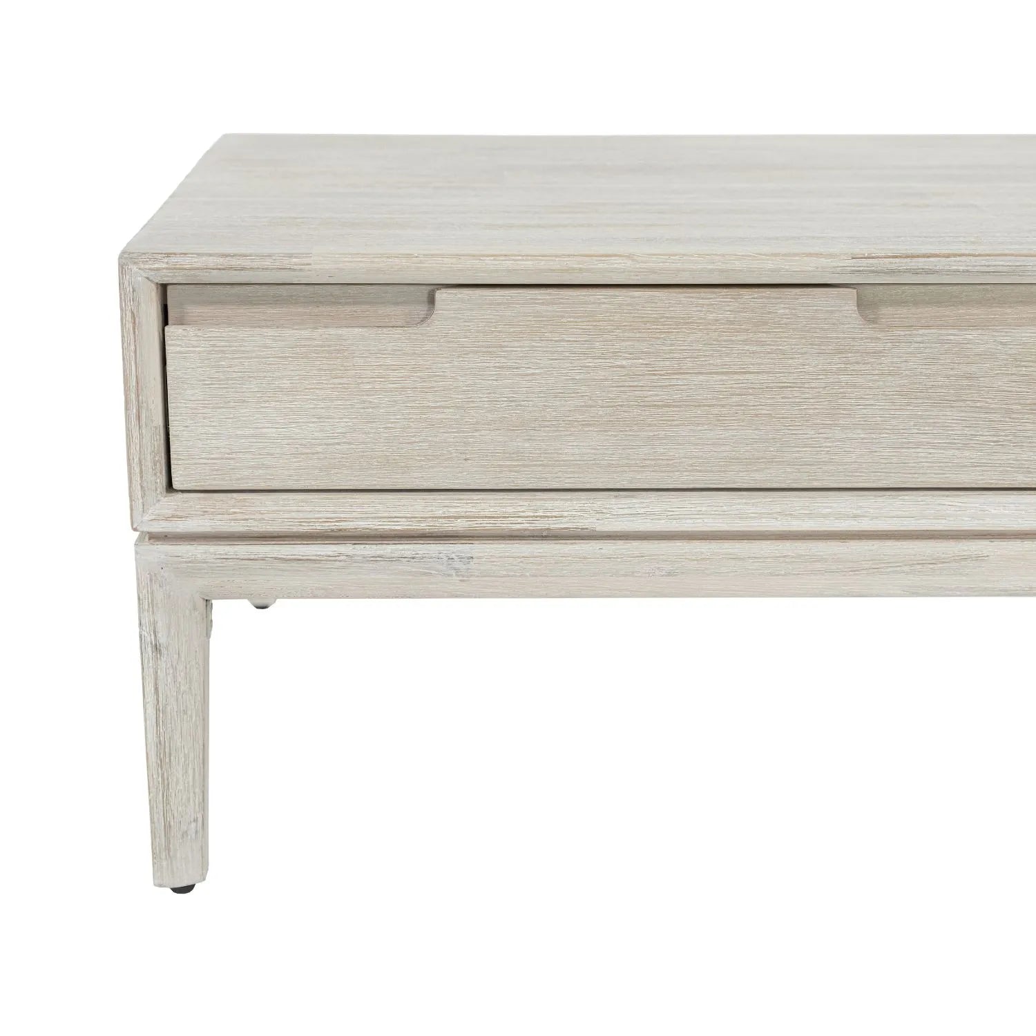 Whitewashed acacia wood coffee table with drawer and open shelf storage – modern Scandi wooden living room coffee table 41x120x60cm | Click Style