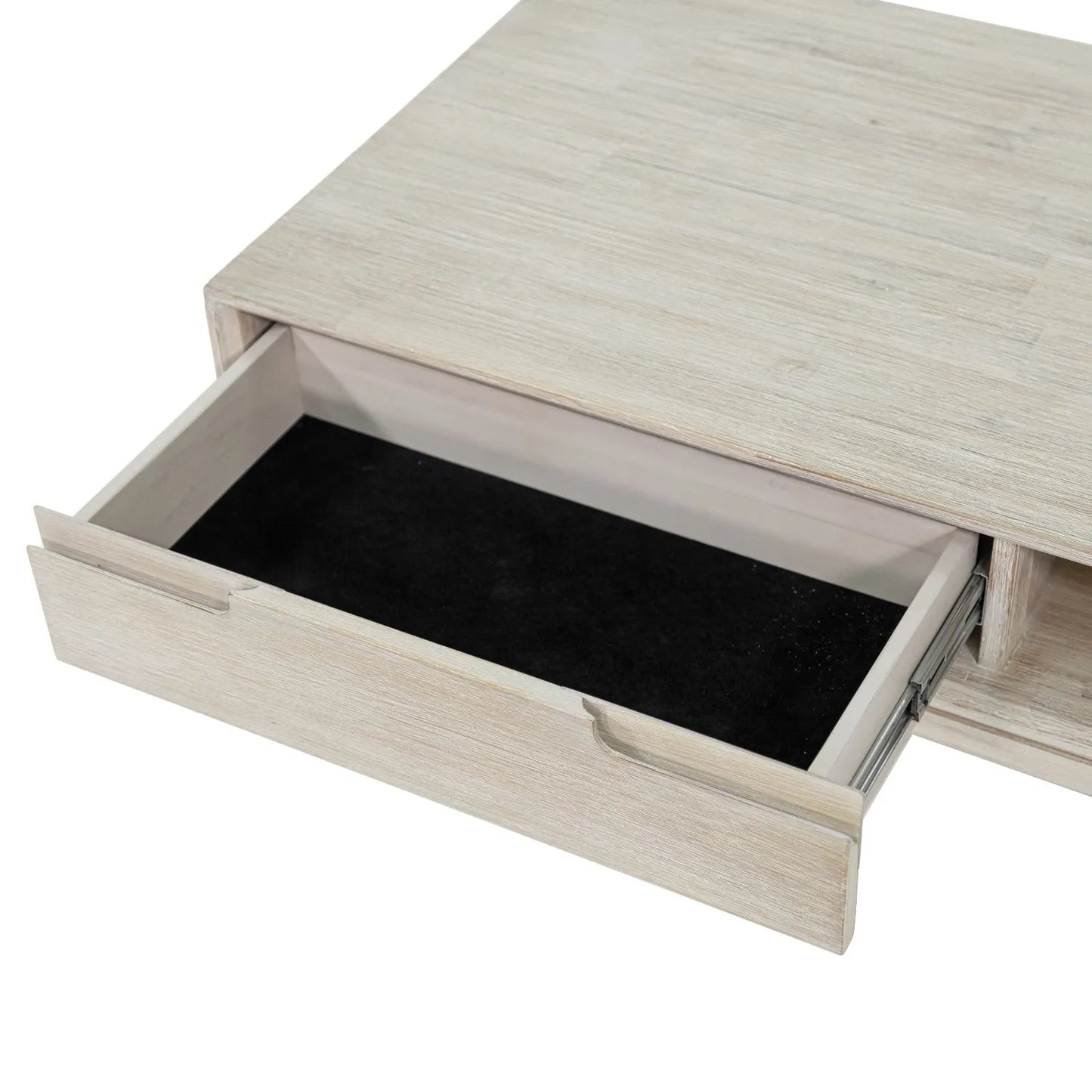 Whitewashed acacia wood coffee table with drawer and open shelf storage – modern Scandi wooden living room coffee table 41x120x60cm | Click Style