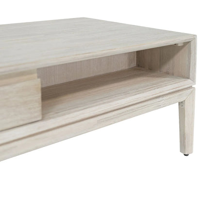 Whitewashed acacia wood coffee table with drawer and open shelf storage – modern Scandi wooden living room coffee table 41x120x60cm | Click Style