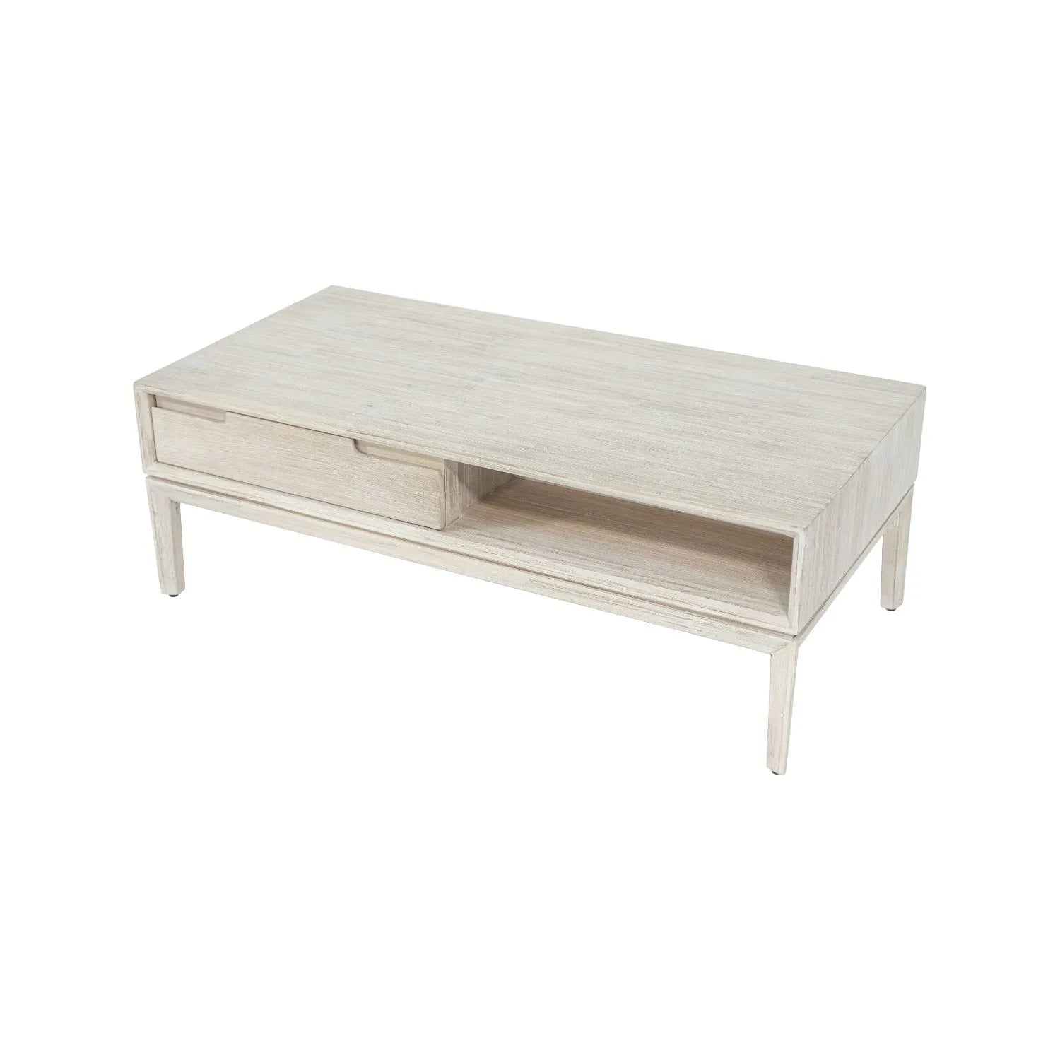 Whitewashed acacia wood coffee table with drawer and open shelf storage – modern Scandi wooden living room coffee table 41x120x60cm | Click Style
