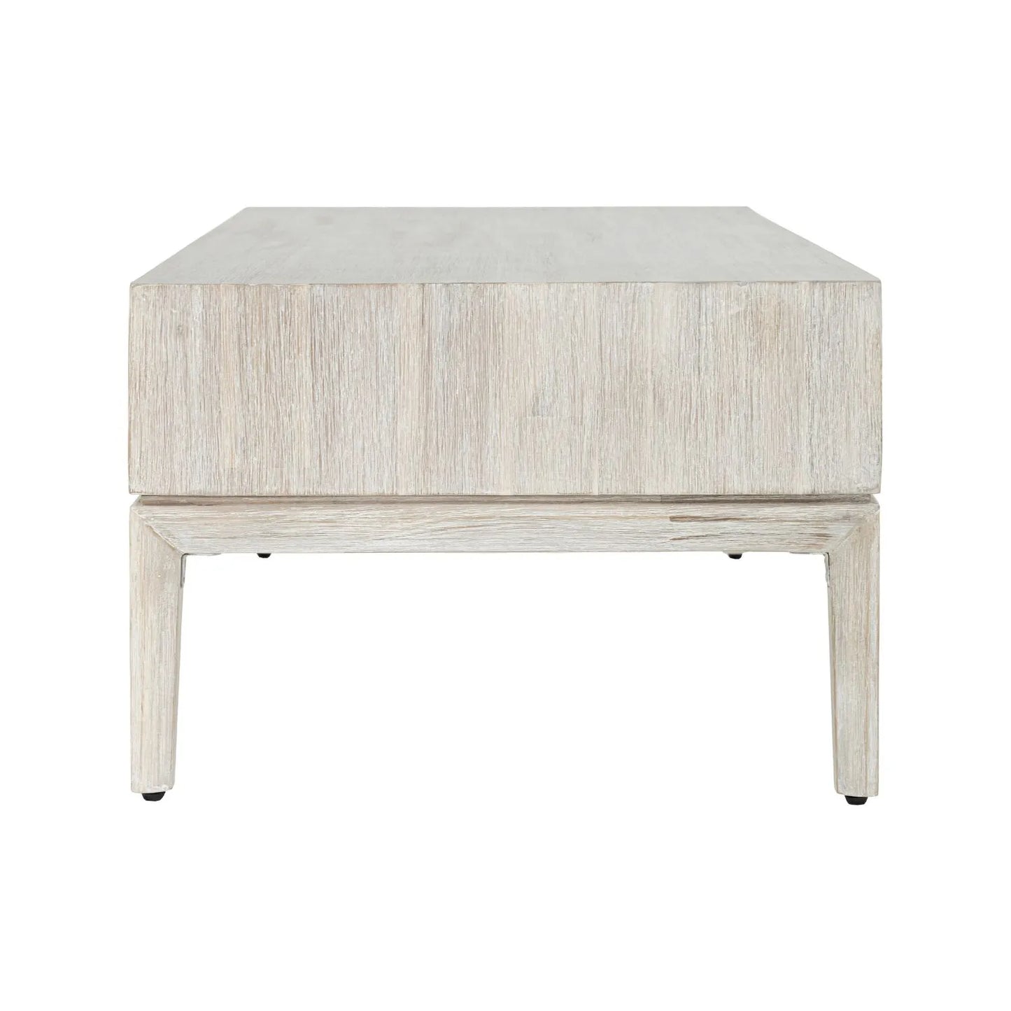 Whitewashed acacia wood coffee table with drawer and open shelf storage – modern Scandi wooden living room coffee table side view 41x120x60cm | Click Style