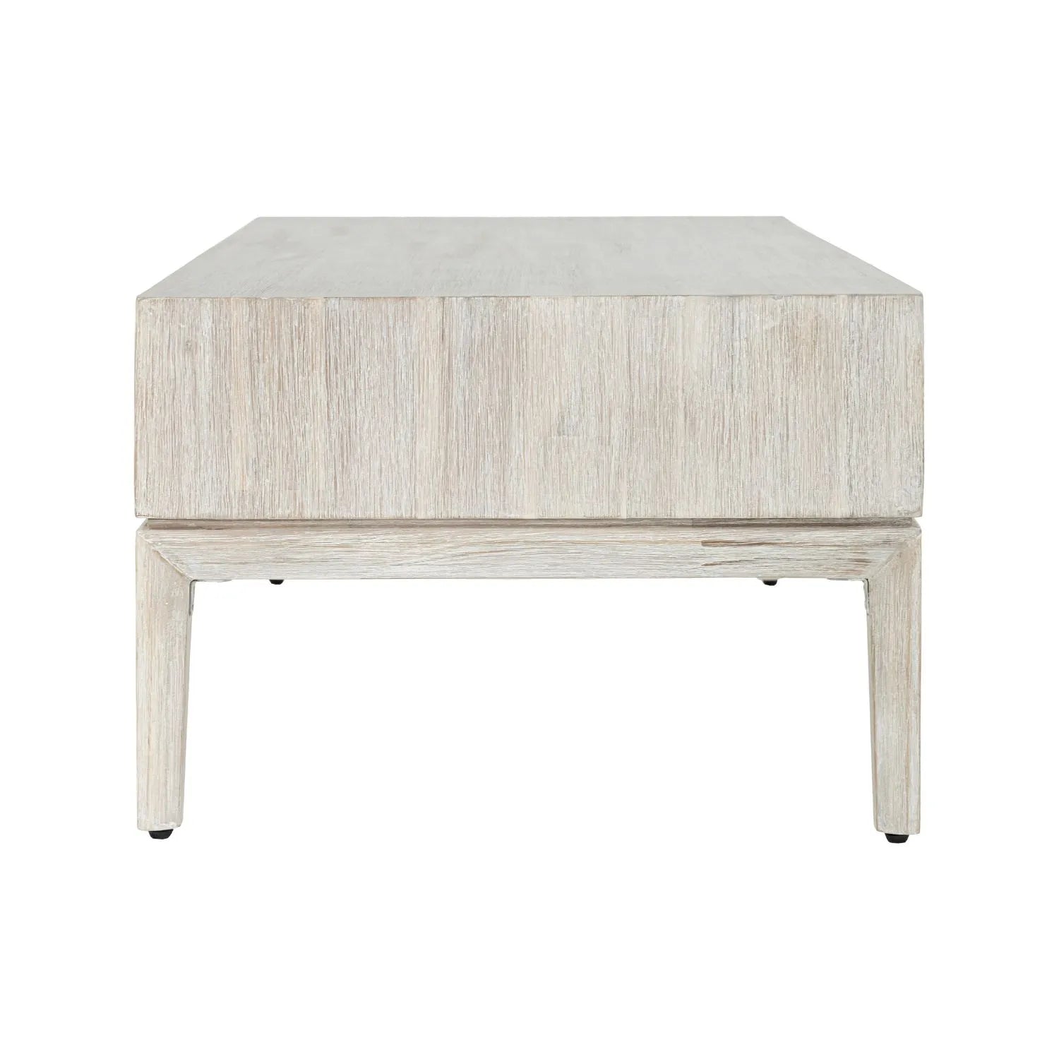 Whitewashed acacia wood coffee table with drawer and open shelf storage – modern Scandi wooden living room coffee table side view 41x120x60cm | Click Style