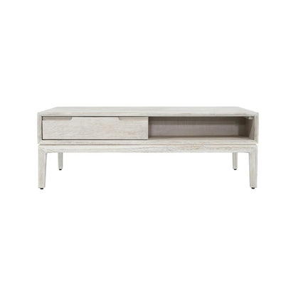 Whitewashed acacia wood coffee table with drawer and open shelf storage – modern Scandi wooden living room coffee table 41x120x60cm | Click Style