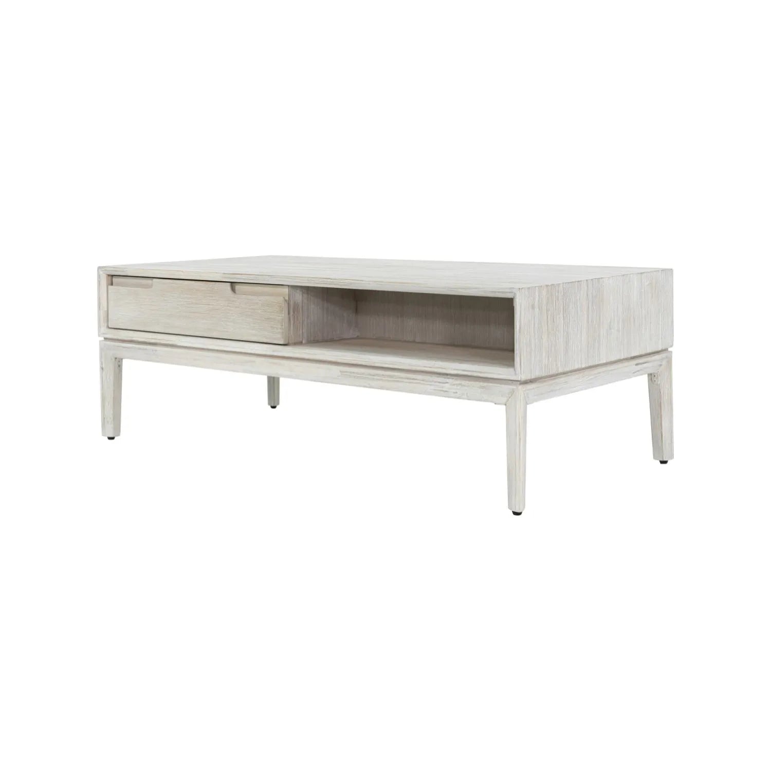 Whitewashed acacia wood coffee table with drawer and open shelf storage – modern Scandi wooden living room coffee table 41x120x60cm | Click Style