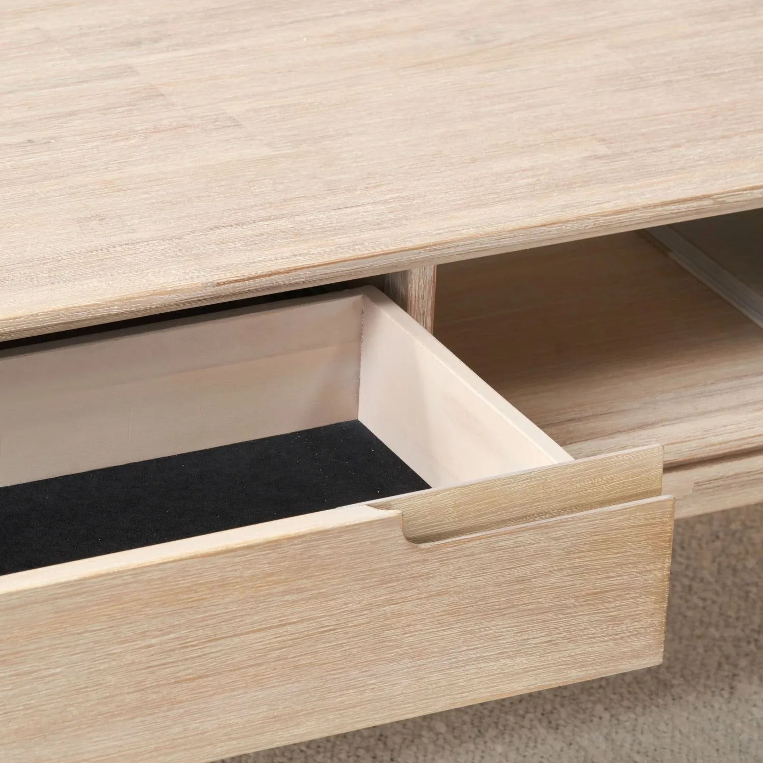 Whitewashed acacia wood coffee table with drawer and open shelf storage – modern Scandi wooden living room coffee table 41x120x60cm | Click Style