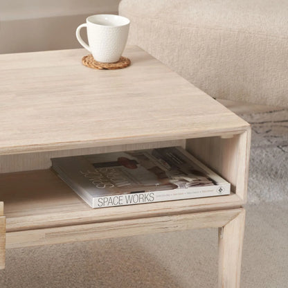 Whitewashed acacia wood coffee table with drawer and open shelf storage – modern Scandi wooden living room coffee table 41x120x60cm | Click Style