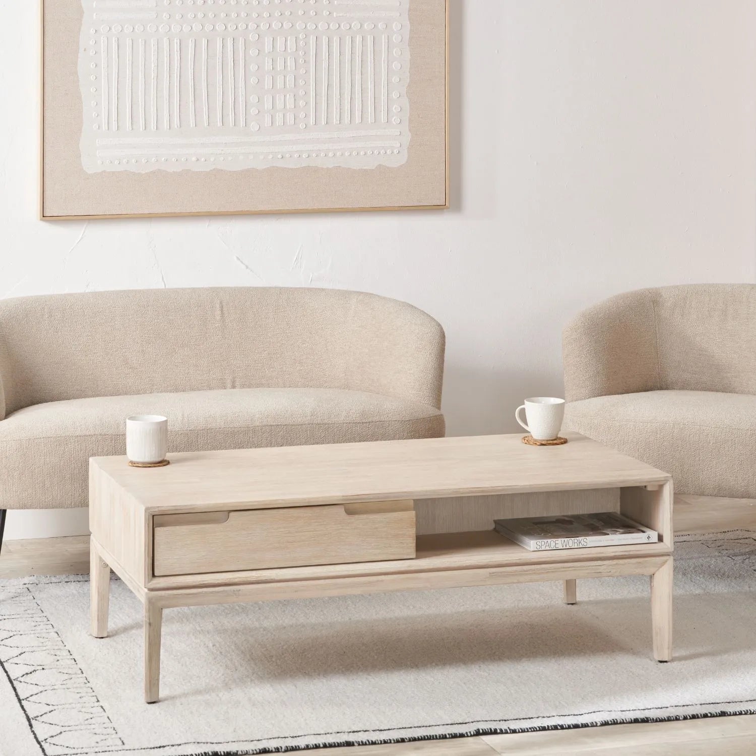 Whitewashed acacia wood coffee table with drawer and open shelf storage – modern Scandi wooden living room coffee table 41x120x60cm | Click Style