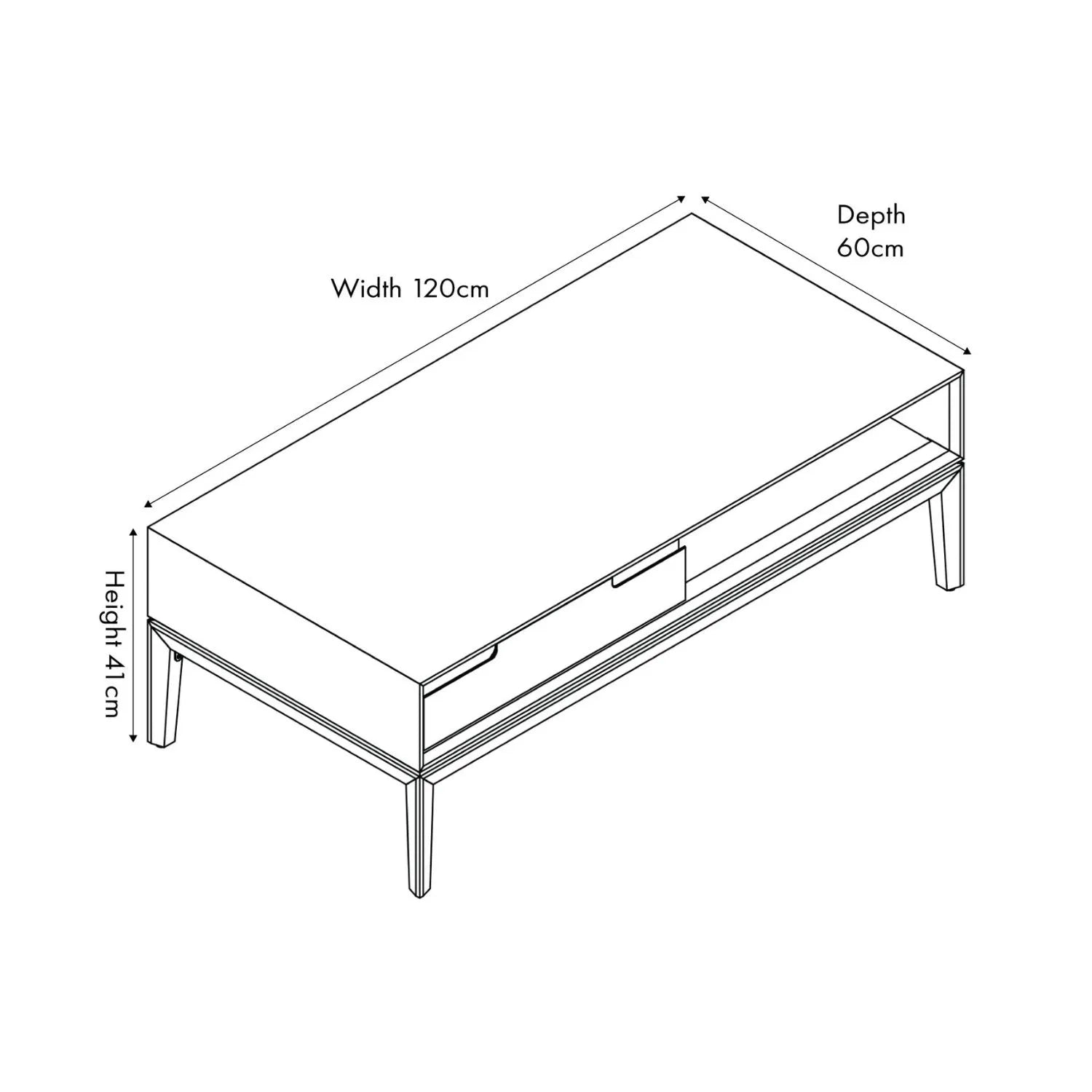 Whitewashed acacia wood coffee table with drawer and open shelf storage – modern Scandi wooden living room coffee table dimensions 41x120x60cm | Click Style