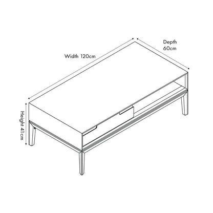 Whitewashed acacia wood coffee table with drawer and open shelf storage – modern Scandi wooden living room coffee table dimensions 41x120x60cm | Click Style