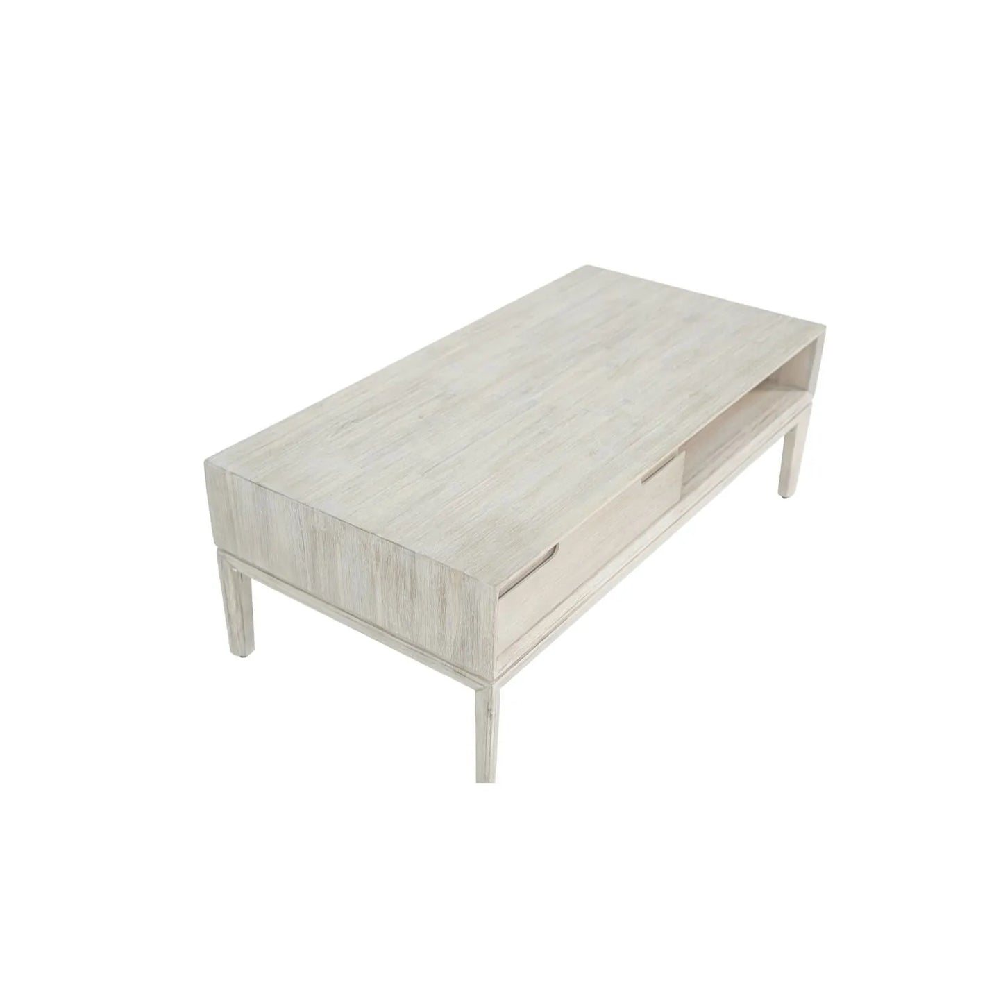 Whitewashed acacia wood coffee table with drawer and open shelf storage – modern Scandi wooden living room coffee table 41x120x60cm | Click Style