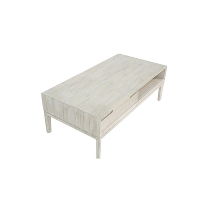 Whitewashed acacia wood coffee table with drawer and open shelf storage – modern Scandi wooden living room coffee table 41x120x60cm | Click Style