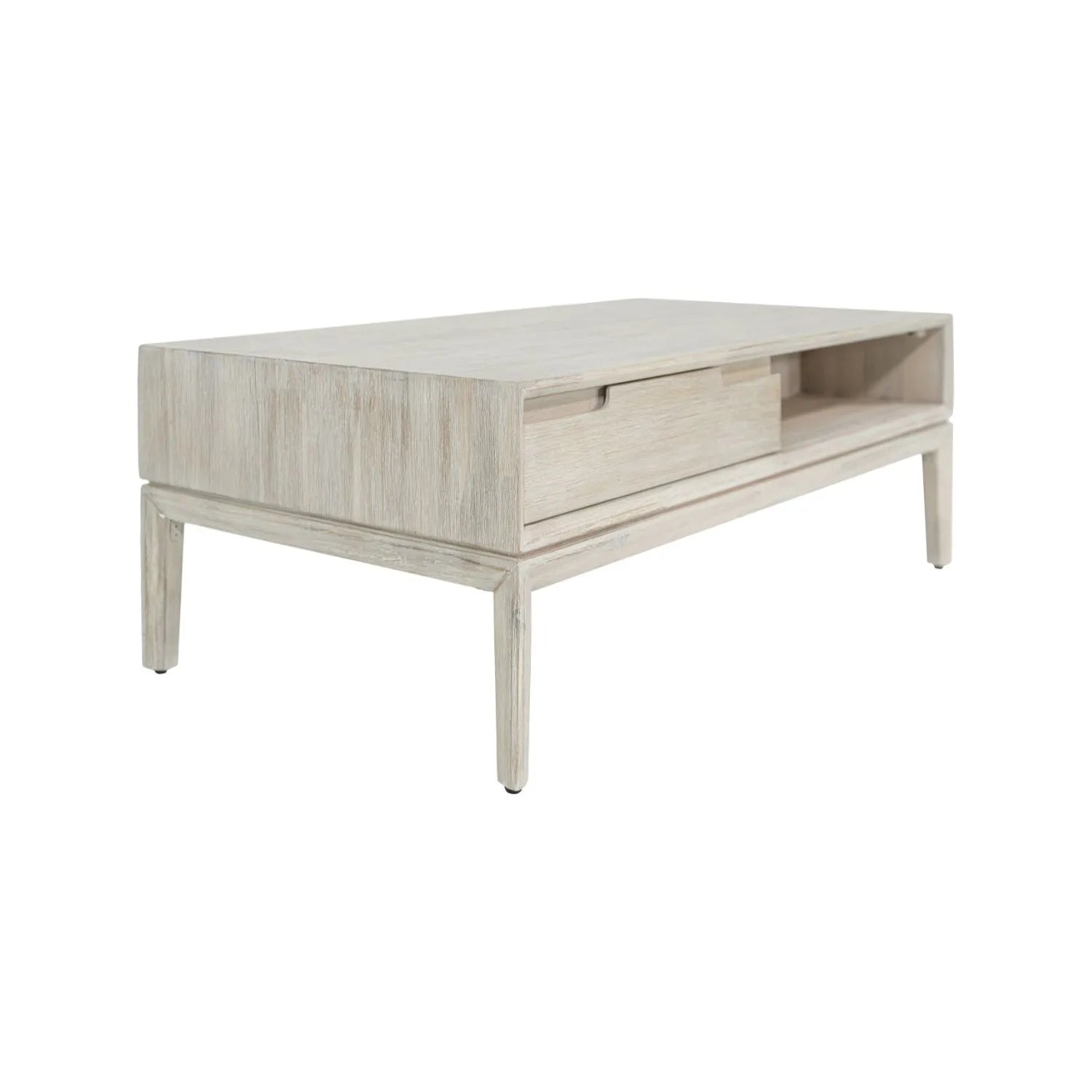 Whitewashed acacia wood coffee table with drawer and open shelf storage – modern Scandi wooden living room coffee table 41x120x60cm | Click Style