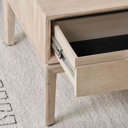 Whitewashed acacia wood coffee table with drawer and open shelf storage – modern Scandi wooden living room coffee table 41x120x60cm | Click Style