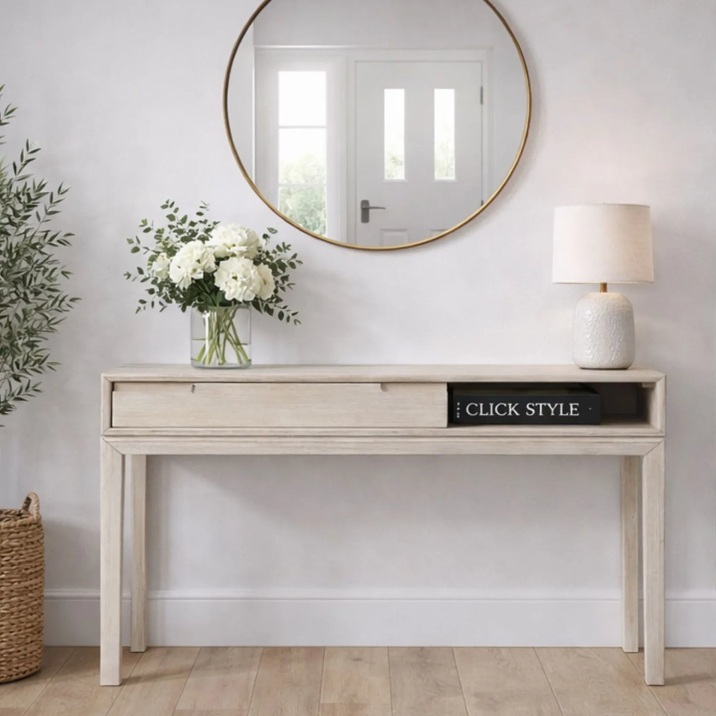 Modern Scandi Whitewashed Acacia Wood Console Table with Drawer and Open Shelf Storage – Contemporary Wooden Hallway Console Table 80x120x40cm | Click Style