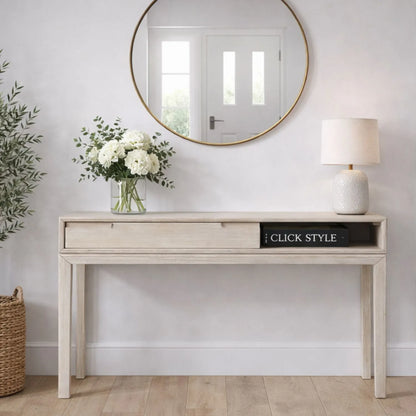Modern Scandi Whitewashed Acacia Wood Console Table with Drawer and Open Shelf Storage – Contemporary Wooden Hallway Console Table 80x120x40cm | Click Style