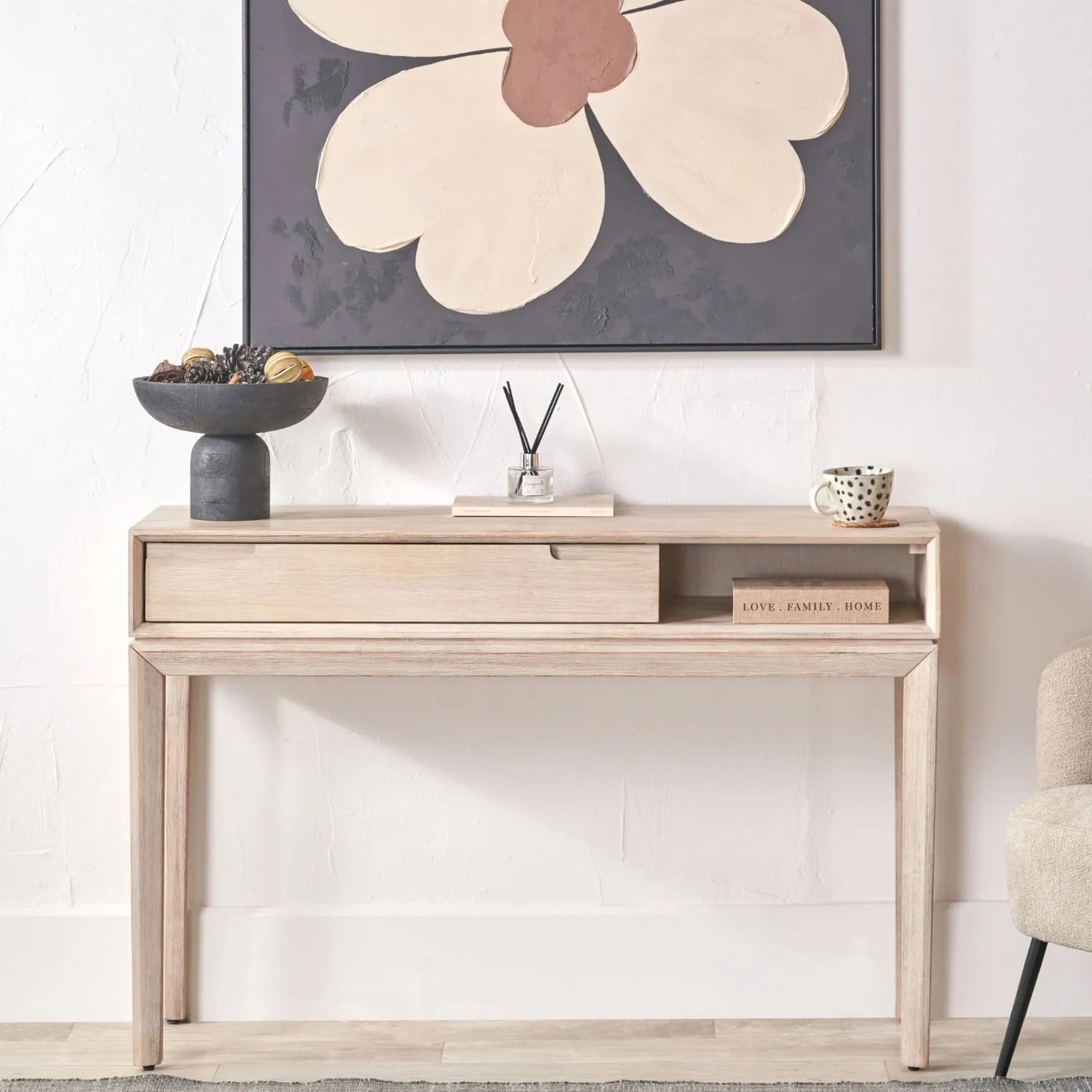 Modern Scandi Whitewashed Acacia Wood Console Table with Drawer and Open Shelf Storage – Contemporary Wooden Hallway Console Table 80x120x40cm | Click Style