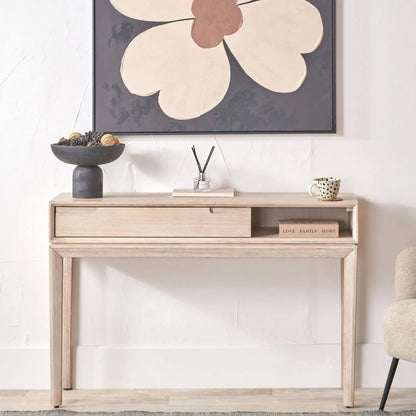 Modern Scandi Whitewashed Acacia Wood Console Table with Drawer and Open Shelf Storage – Contemporary Wooden Hallway Console Table 80x120x40cm | Click Style