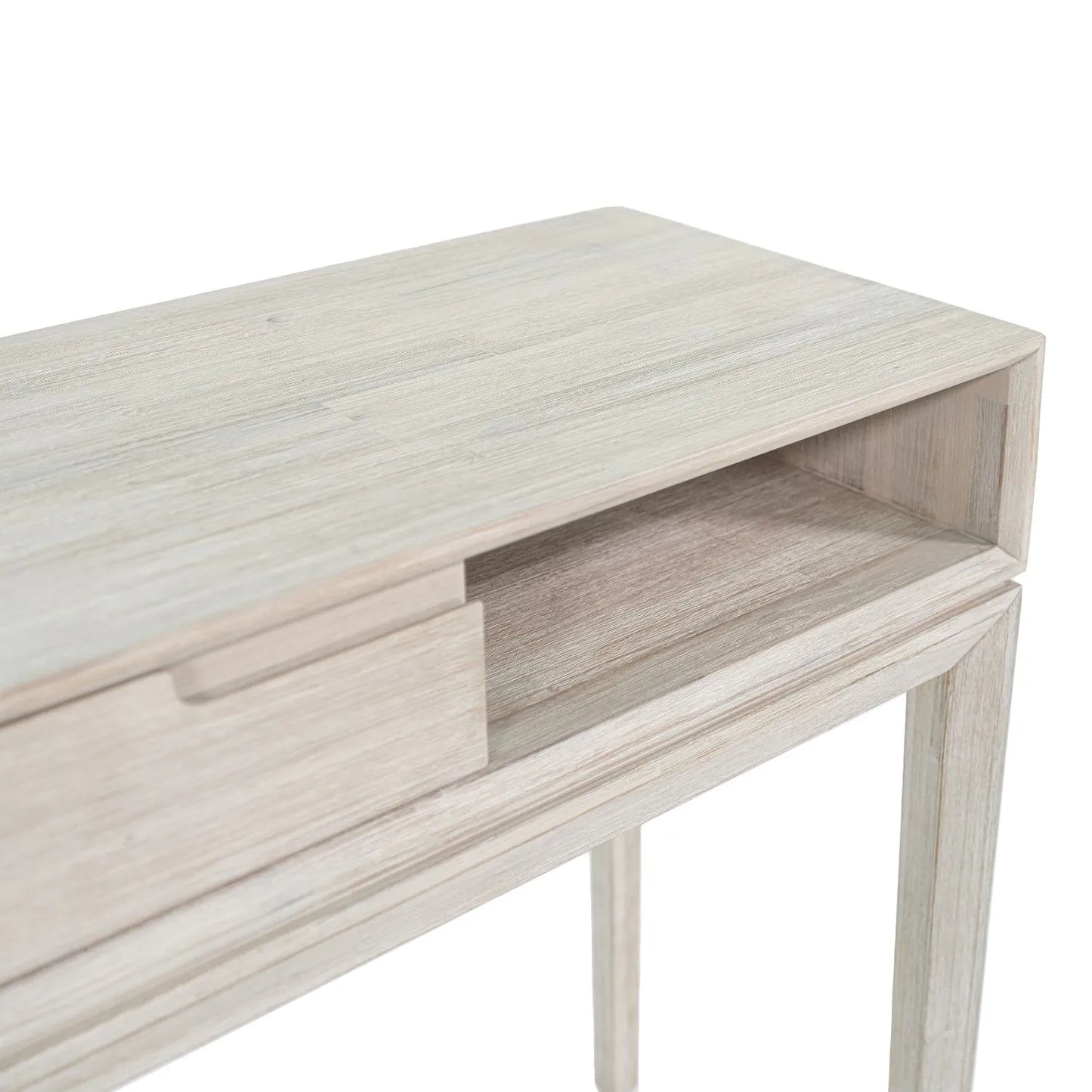 Modern Scandi Whitewashed Acacia Wood Console Table with Drawer and Open Shelf Storage – Contemporary Wooden Hallway Console Table 80x120x40cm | Click Style