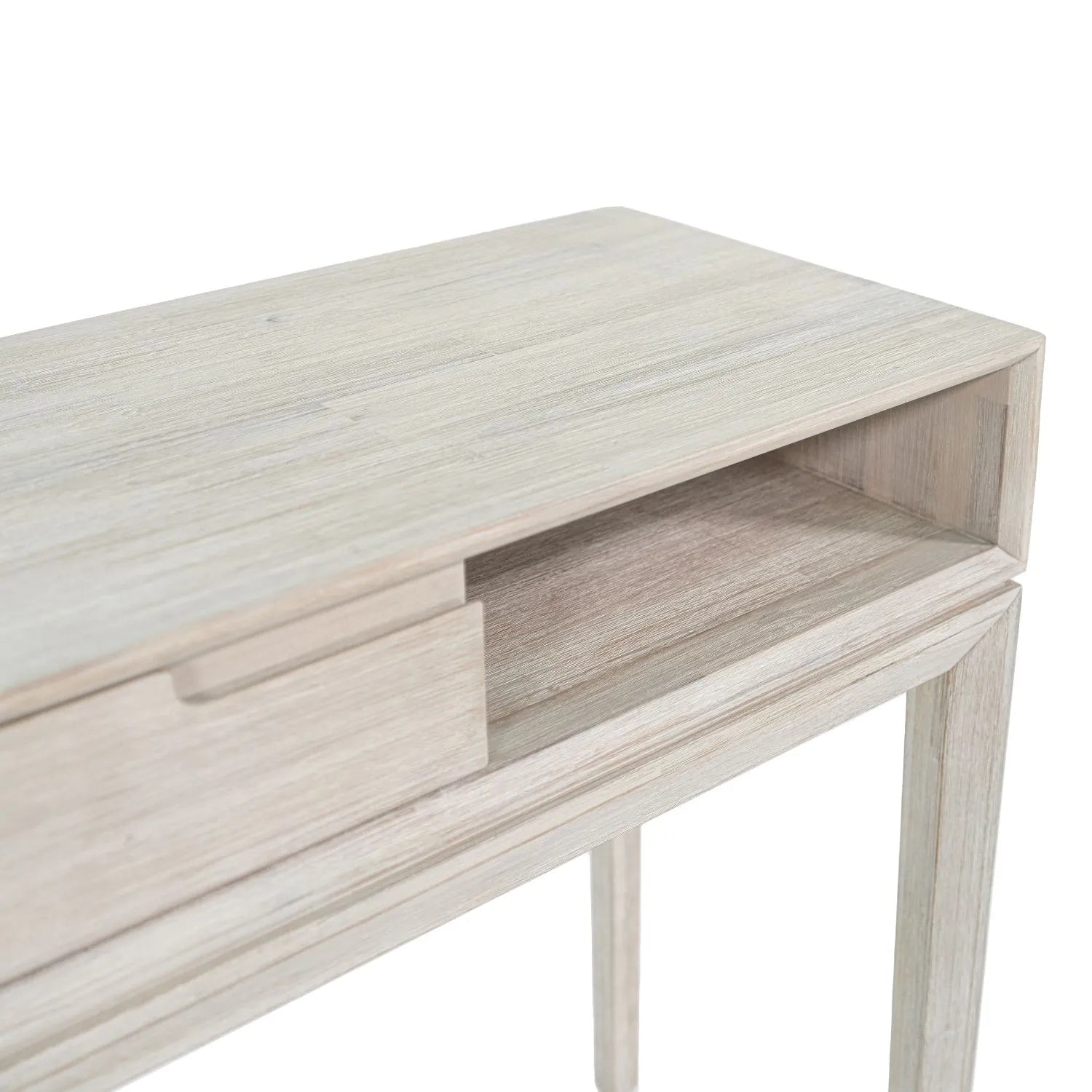 Modern Scandi Whitewashed Acacia Wood Console Table with Drawer and Open Shelf Storage – Contemporary Wooden Hallway Console Table 80x120x40cm | Click Style