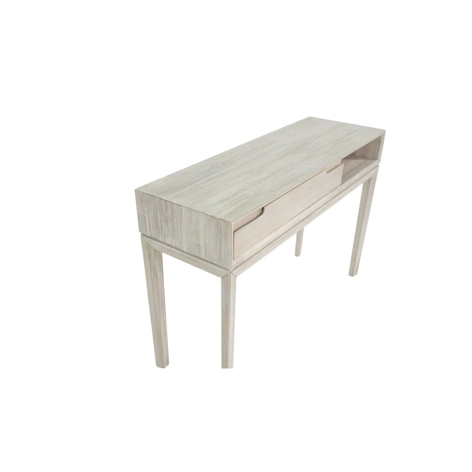 Modern Scandi Whitewashed Acacia Wood Console Table with Drawer and Open Shelf Storage – Contemporary Wooden Hallway Console Table 80x120x40cm | Click Style