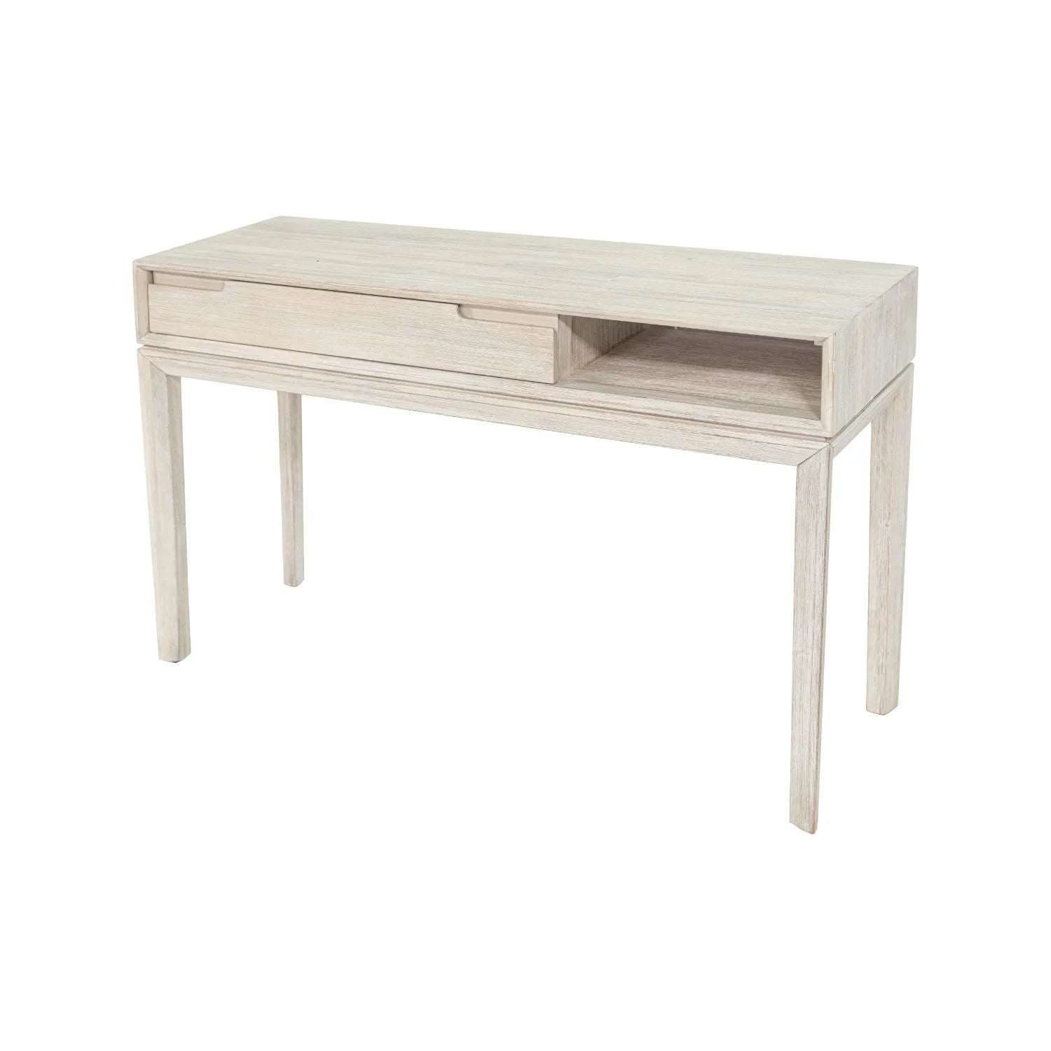 Modern Scandi Whitewashed Acacia Wood Console Table with Drawer and Open Shelf Storage – Contemporary Wooden Hallway Console Table 80x120x40cm | Click Style