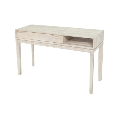 Modern Scandi Whitewashed Acacia Wood Console Table with Drawer and Open Shelf Storage – Contemporary Wooden Hallway Console Table 80x120x40cm | Click Style