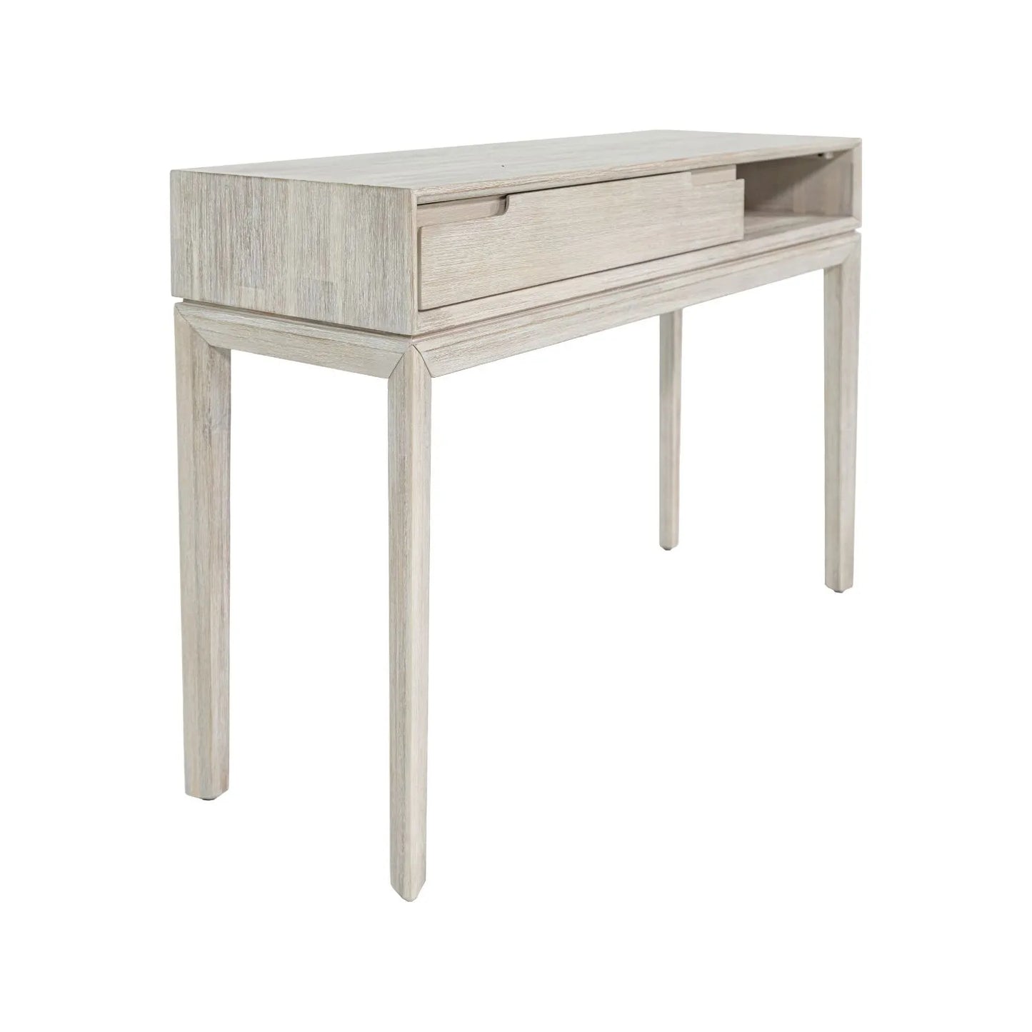 Modern Scandi Whitewashed Acacia Wood Console Table with Drawer and Open Shelf Storage – Contemporary Wooden Hallway Console Table 80x120x40cm | Click Style
