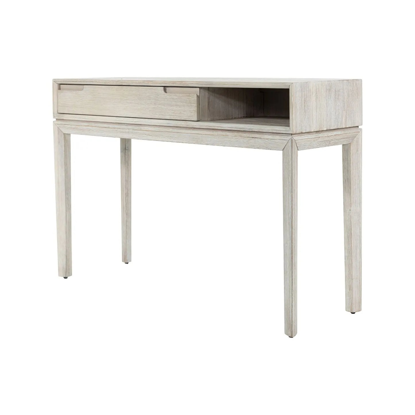 Modern Scandi Whitewashed Acacia Wood Console Table with Drawer and Open Shelf Storage – Contemporary Wooden Hallway Console Table 80x120x40cm | Click Style