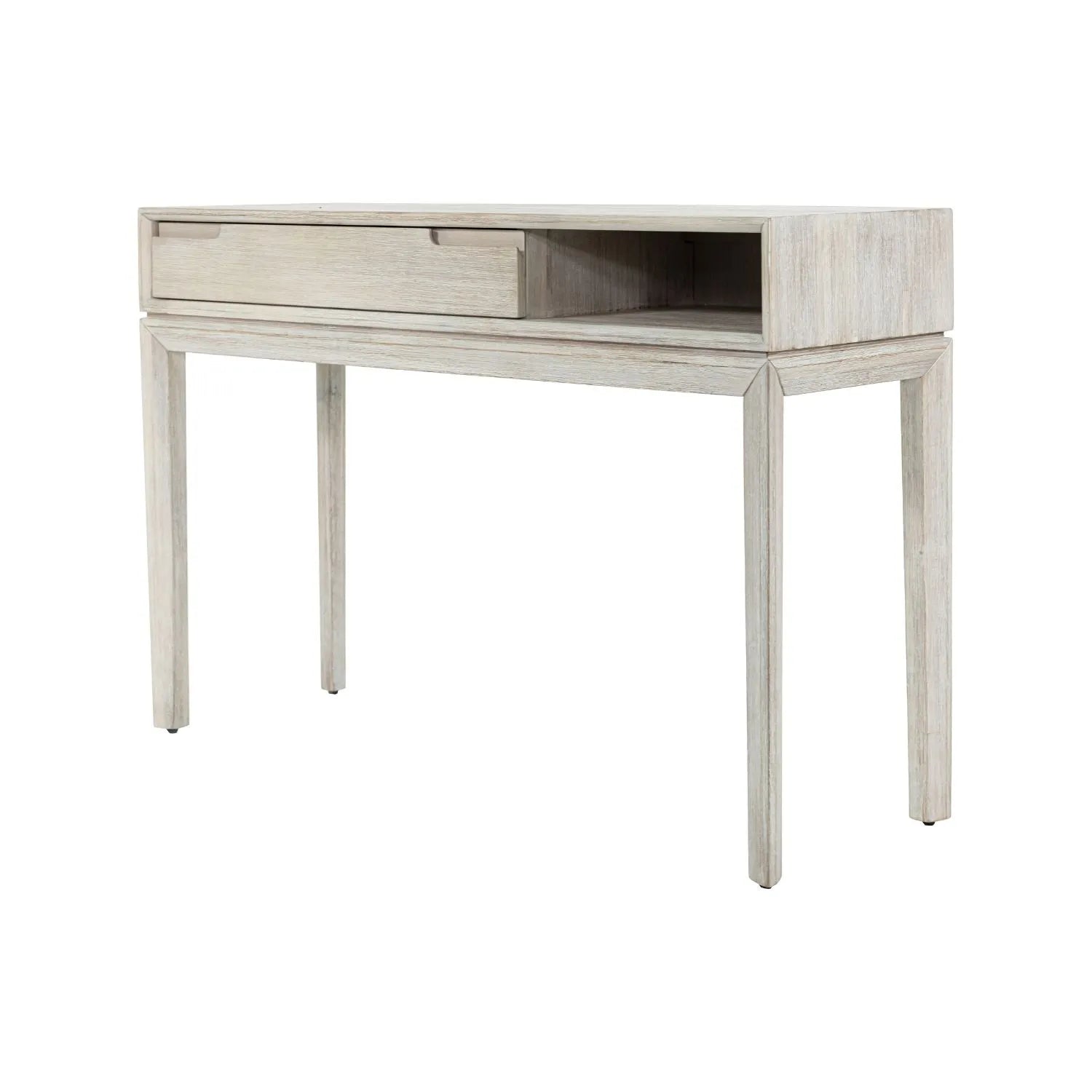 Modern Scandi Whitewashed Acacia Wood Console Table with Drawer and Open Shelf Storage – Contemporary Wooden Hallway Console Table 80x120x40cm | Click Style