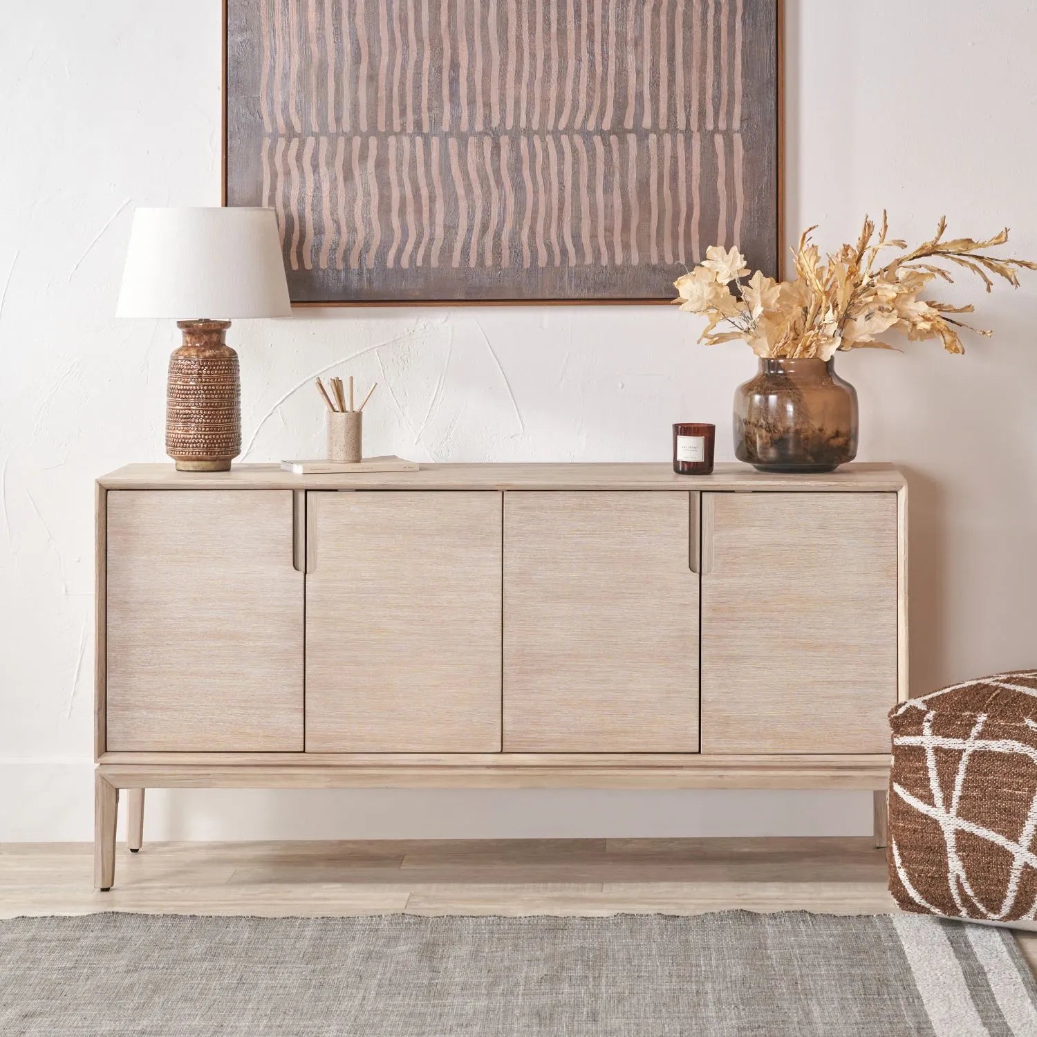 Modern Scandi Whitewashed Acacia Wooden Sideboard with 4 Doors, Cut-Out Handles and Internal Shelves – Contemporary Scandinavian Storage Cabinet for Living Room, Dining Room or Hallway 80x160x45cm | Click Style