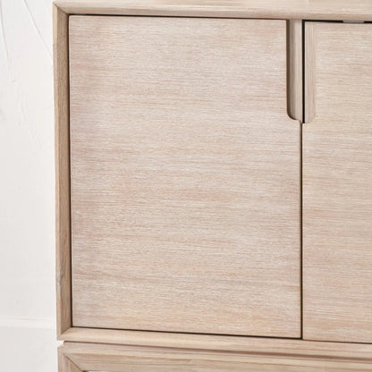 Modern Scandi Whitewashed Acacia Wooden Sideboard with 4 Doors, Cut-Out Handles and Internal Shelves – Contemporary Scandinavian Storage Cabinet for Living Room, Dining Room or Hallway 80x160x45cm | Click Style