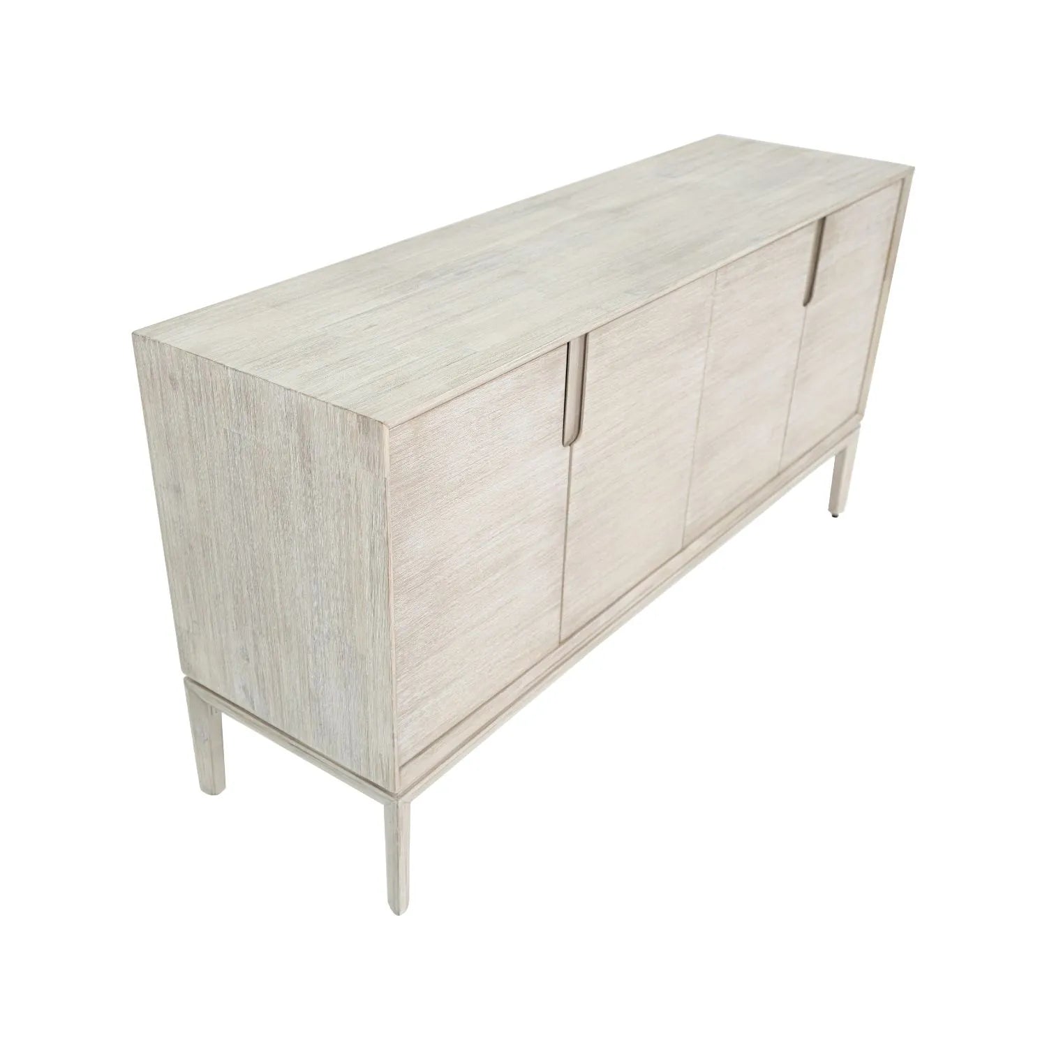 Modern Scandi Whitewashed Acacia Wooden Sideboard with 4 Doors, Cut-Out Handles and Internal Shelves – Contemporary Scandinavian Storage Cabinet for Living Room, Dining Room or Hallway 80x160x45cm | Click Style