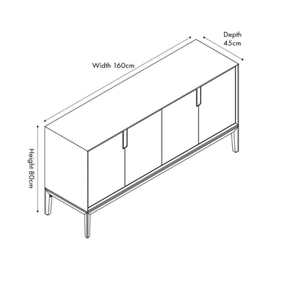 Modern Scandi Whitewashed Acacia Wooden Sideboard with 4 Doors, Cut-Out Handles and Internal Shelves – Contemporary Scandinavian Storage Cabinet for Living Room, Dining Room or Hallway Dimensions 80x160x45cm | Click Style