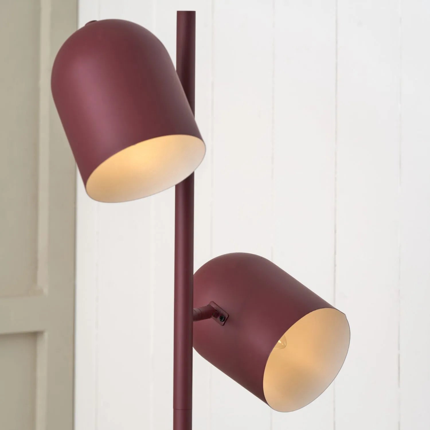 Mulberry Red Metal Floor Lamp with Twin Adjustable Cloche Shades – Modern Standing Task Light Dimensions 160x39x23cm | Click Style