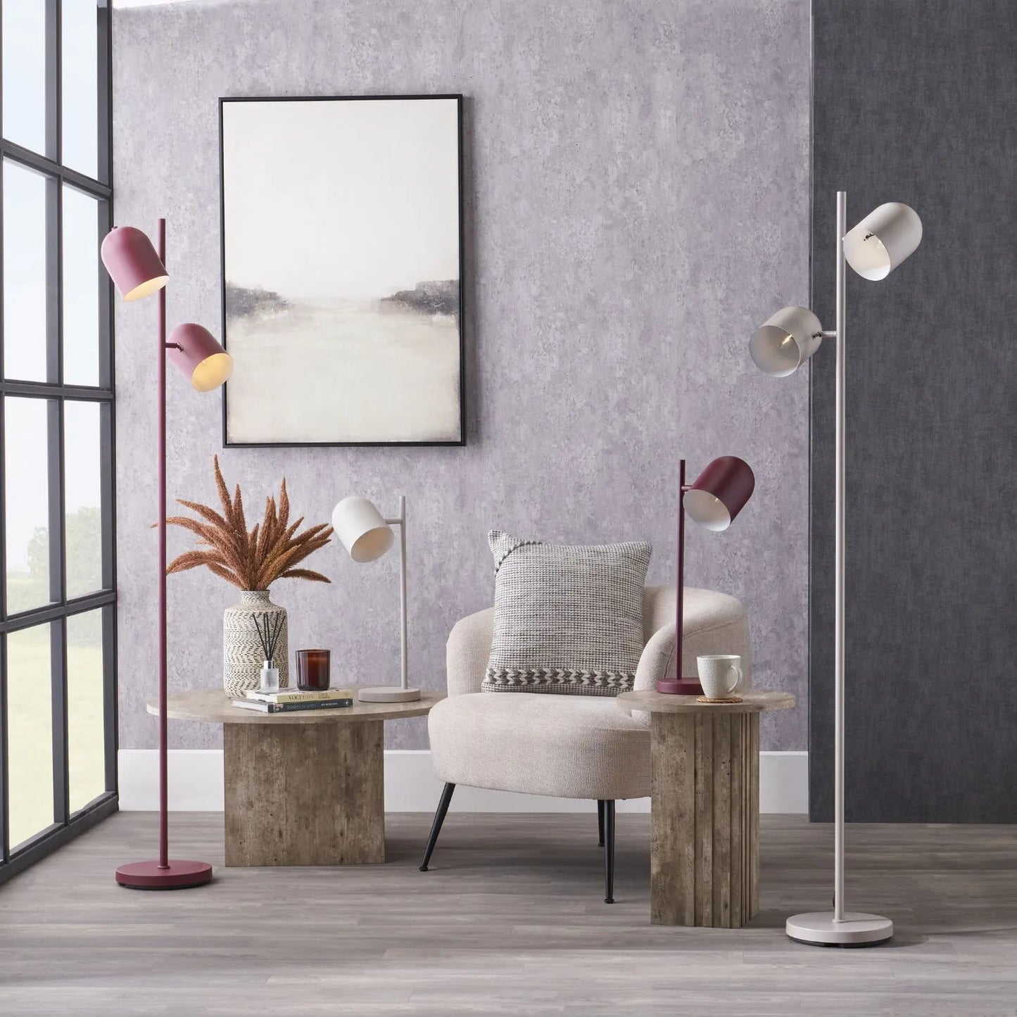 Mulberry Red Metal Floor Lamp with Twin Adjustable Cloche Shades – Modern Standing Task Light 160x39x23cm | Click Style