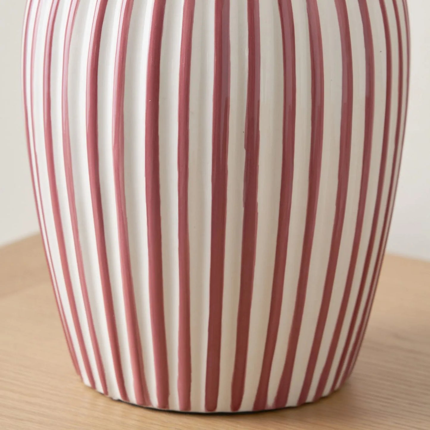 Mulberry Red & White Striped Ceramic Table Lamp With White Cotton Tapered Shade – Ribbed Bulbous Base Bedside Light 45x30x30cm | Click Style