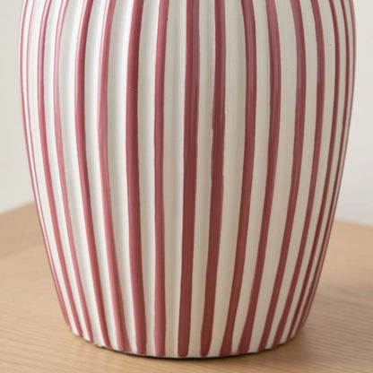 Mulberry Red & White Striped Ceramic Table Lamp With White Cotton Tapered Shade – Ribbed Bulbous Base Bedside Light 45x30x30cm | Click Style
