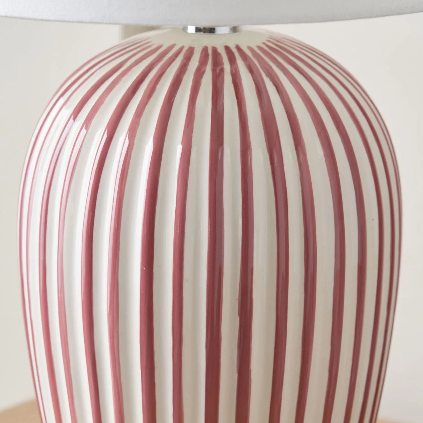 Mulberry Red & White Striped Ceramic Table Lamp With White Cotton Tapered Shade – Ribbed Bulbous Base Bedside Light 45x30x30cm | Click Style