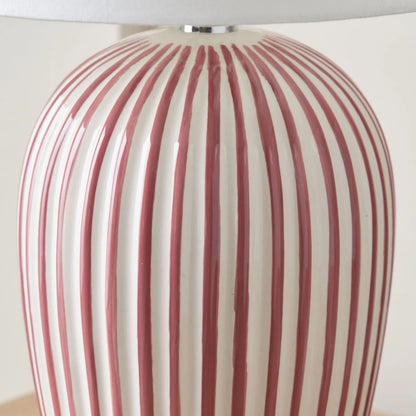 Mulberry Red & White Striped Ceramic Table Lamp With White Cotton Tapered Shade – Ribbed Bulbous Base Bedside Light 45x30x30cm | Click Style