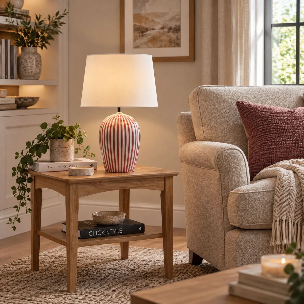 Mulberry Red & White Striped Ceramic Table Lamp with White Cotton Tapered Shade – Ribbed Bulbous Base Bedside Light 45x30x30cm illuminated on wooden side table beside neutral armchair | Click Style