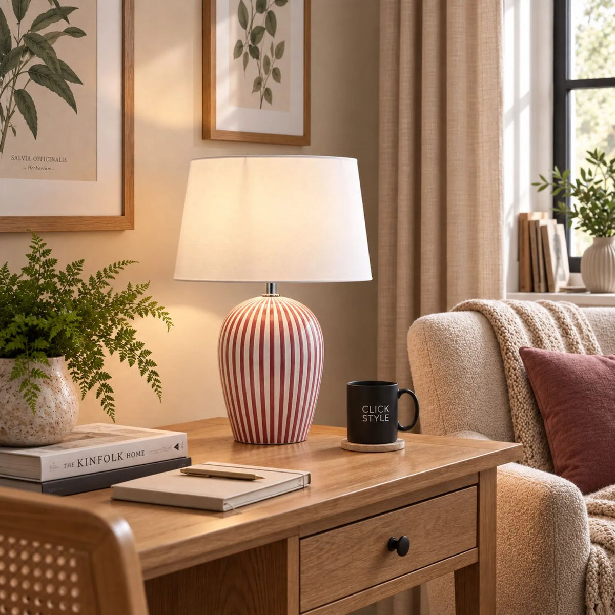 Mulberry Red & White Striped Ceramic Table Lamp with White Cotton Tapered Shade – Ribbed Bulbous Base Bedside Light 45x30x30cm illuminated on wooden desk in home office and reading area | Click Style