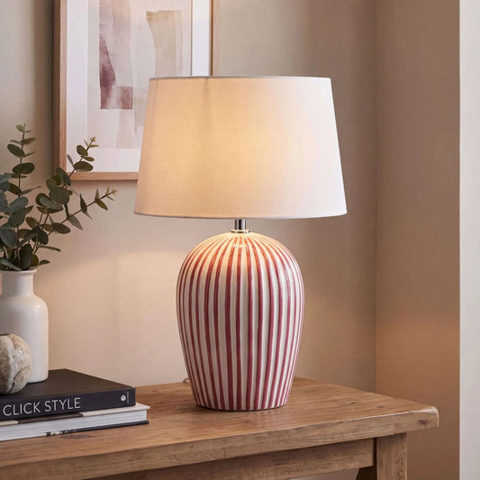 Mulberry Red & White Striped Ceramic Table Lamp with White Cotton Tapered Shade – Ribbed Bulbous Base Bedside Light 45x30x30cm illuminated on wooden console table in neutral interior | Click Style