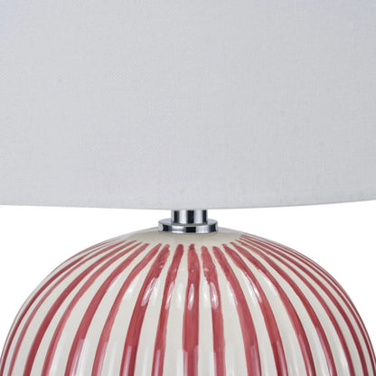 Mulberry Red & White Striped Ceramic Table Lamp With White Cotton Tapered Shade – Ribbed Bulbous Base Bedside Light 45x30x30cm | Click Style