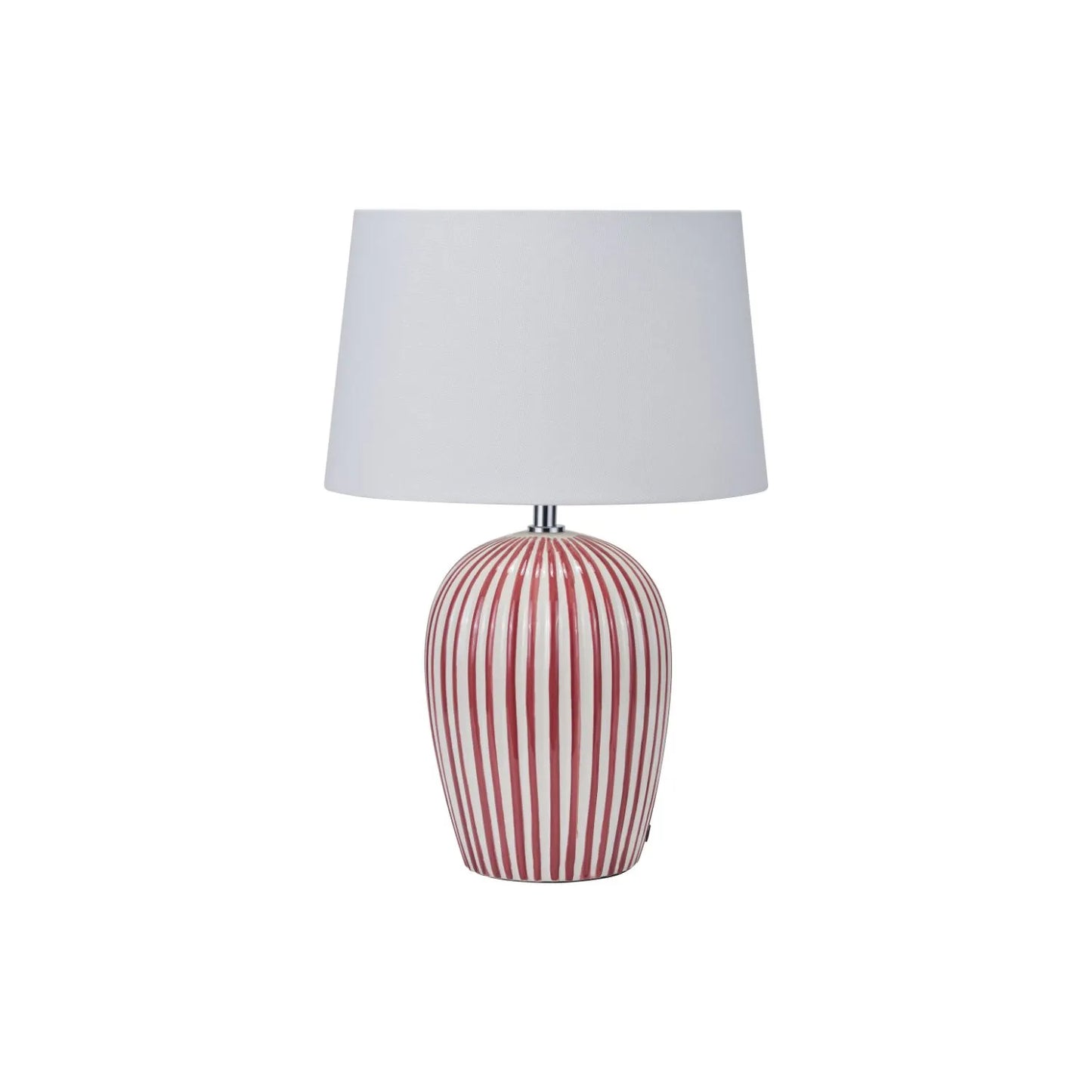 Mulberry Red & White Striped Ceramic Table Lamp With White Cotton Tapered Shade – Ribbed Bulbous Base Bedside Light 45x30x30cm | Click Style