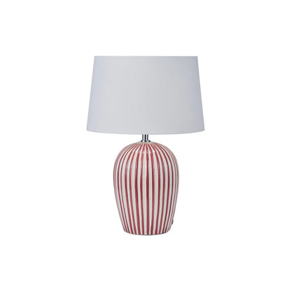 Mulberry Red & White Striped Ceramic Table Lamp With White Cotton Tapered Shade – Ribbed Bulbous Base Bedside Light 45x30x30cm | Click Style