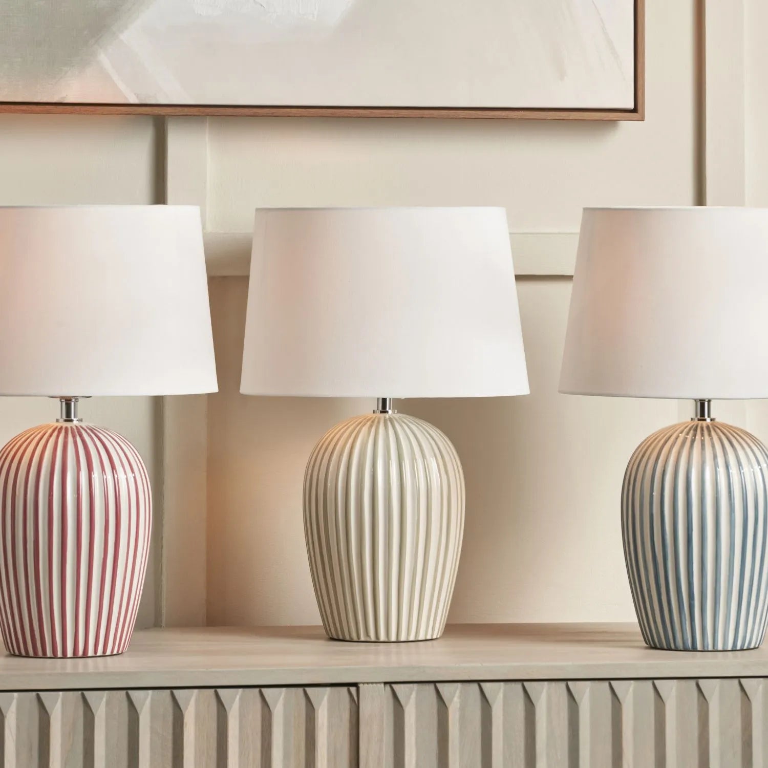 Mulberry Red & White Striped Ceramic Table Lamp With White Cotton Tapered Shade – Ribbed Bulbous Base Bedside Light 45x30x30cm | Click Style