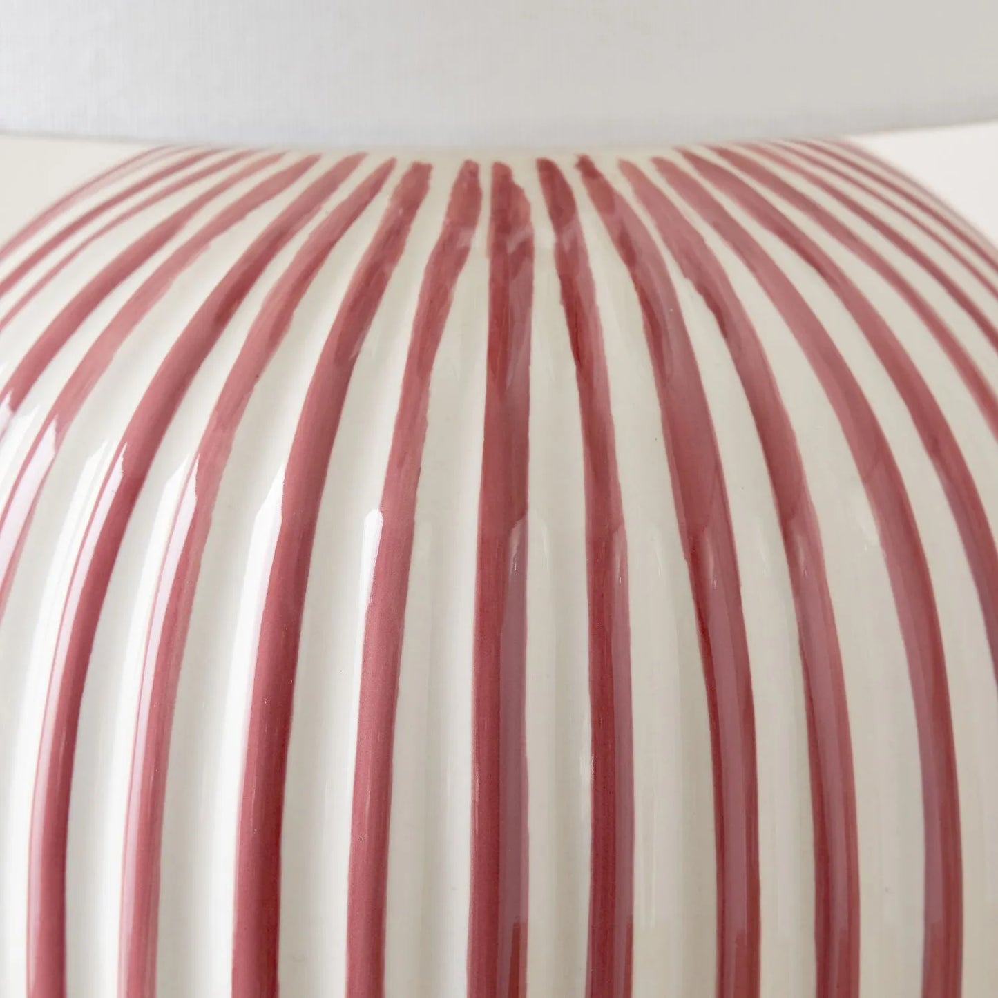 Mulberry Red & White Striped Ceramic Table Lamp With White Cotton Tapered Shade – Ribbed Bulbous Base Bedside Light 45x30x30cm | Click Style