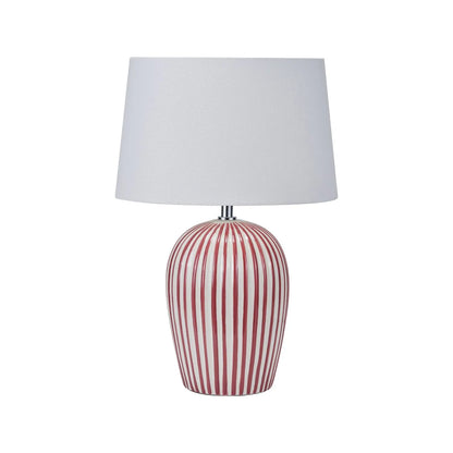 Mulberry Red & White Striped Ceramic Table Lamp With White Cotton Tapered Shade – Ribbed Bulbous Base Bedside Light 45x30x30cm | Click Style