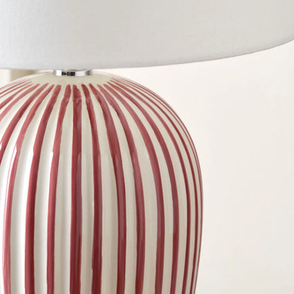 Mulberry Red & White Striped Ceramic Table Lamp With White Cotton Tapered Shade – Ribbed Bulbous Base Bedside Light 45x30x30cm | Click Style